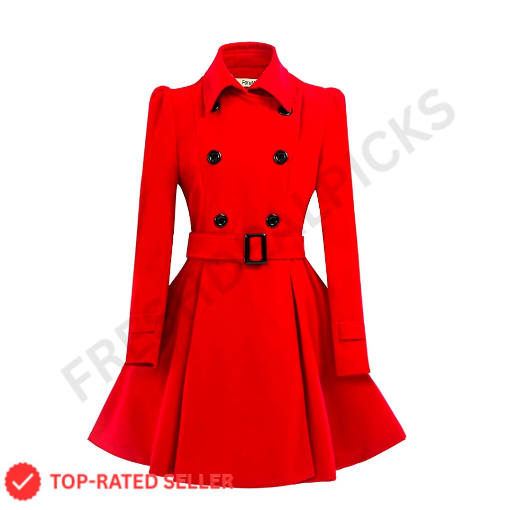 Women's Wool Pea Coat With Belt, Double Breasted Swing Style, Mid-Long Length